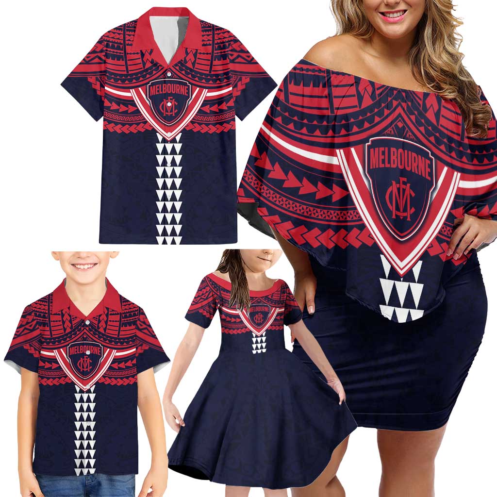 Personalized Melbourne Demons Family Matching Off Shoulder Short Dress and Hawaiian Shirt Polynesian Tribal Pattern Heritage Football