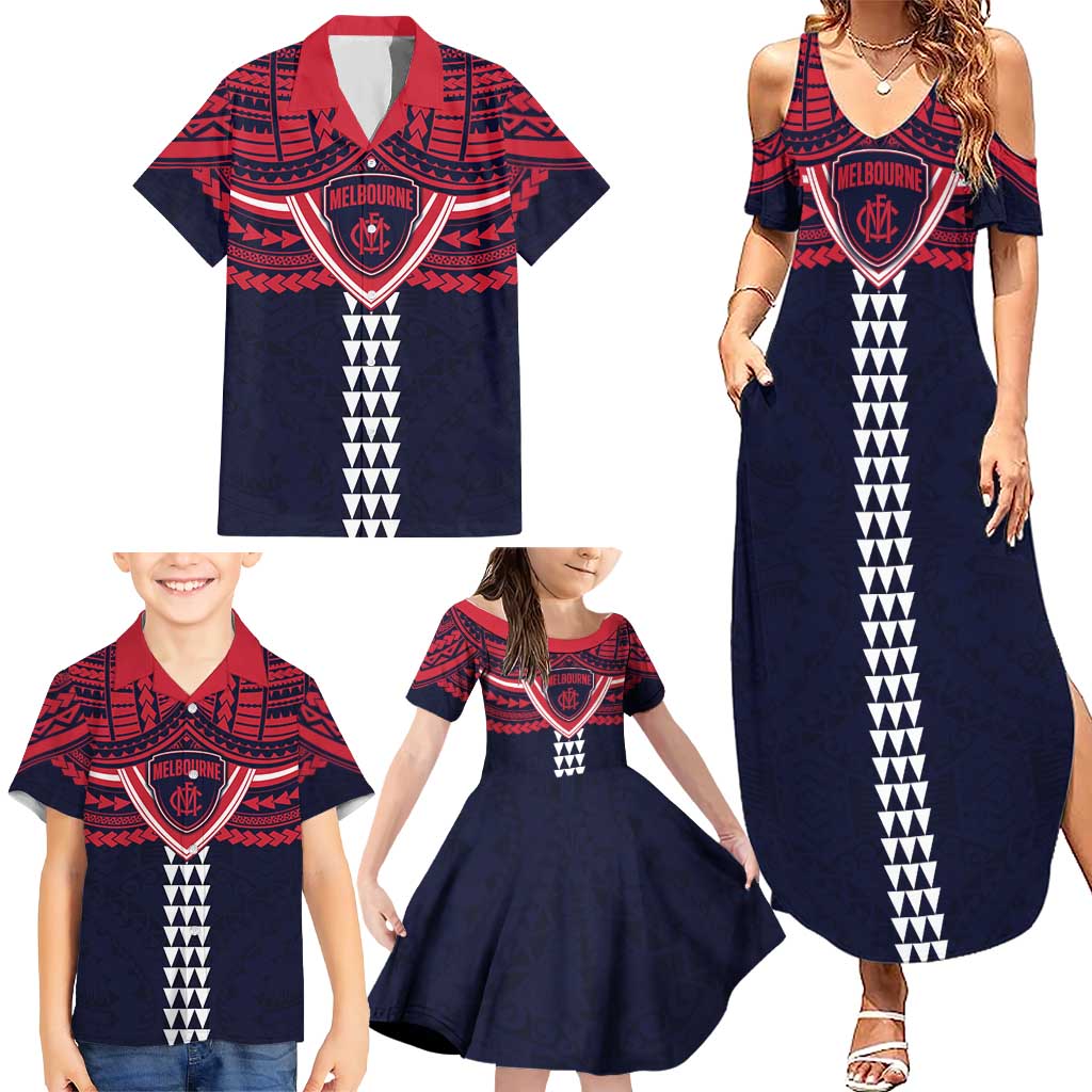 Personalized Melbourne Demons Family Matching Summer Maxi Dress and Hawaiian Shirt Polynesian Tribal Pattern Heritage Football