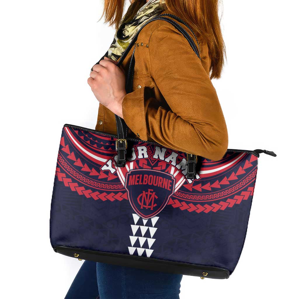 Personalized Melbourne Demons Leather Tote Bag Polynesian Tribal Pattern Heritage Football