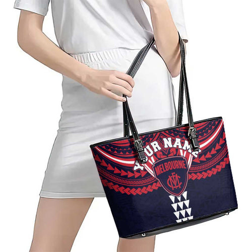 Personalized Melbourne Demons Leather Tote Bag Polynesian Tribal Pattern Heritage Football