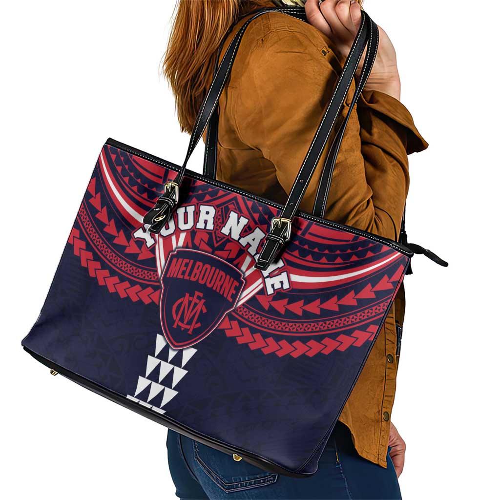 Personalized Melbourne Demons Leather Tote Bag Polynesian Tribal Pattern Heritage Football
