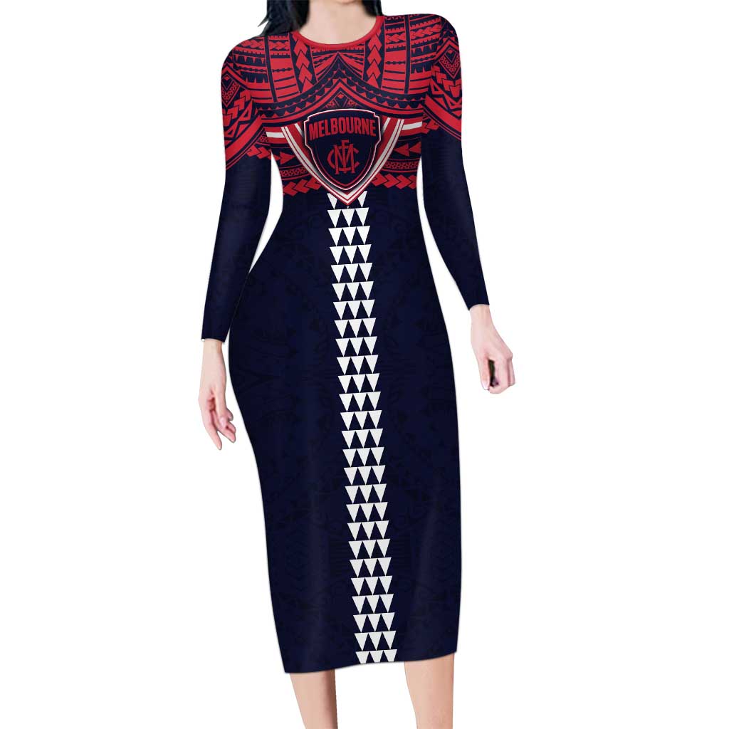 Personalized Melbourne Demons Long Sleeve Bodycon Dress Polynesian Tribal Pattern Heritage Football