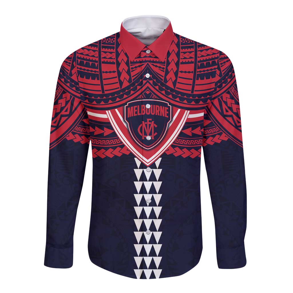 Personalized Melbourne Demons Long Sleeve Button Shirt Polynesian Tribal Pattern Heritage Football