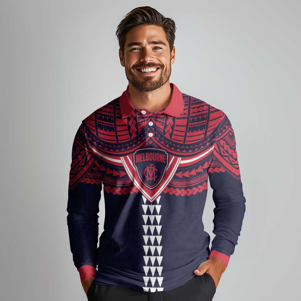 Personalized Melbourne Demons Long Sleeve Polo Shirt Polynesian Tribal Pattern Heritage Football