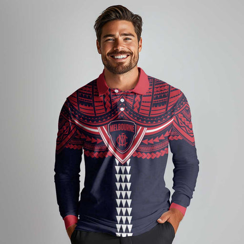 Personalized Melbourne Demons Long Sleeve Polo Shirt Polynesian Tribal Pattern Heritage Football