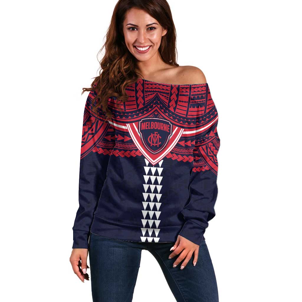 Personalized Melbourne Demons Off Shoulder Sweater Polynesian Tribal Pattern Heritage Football