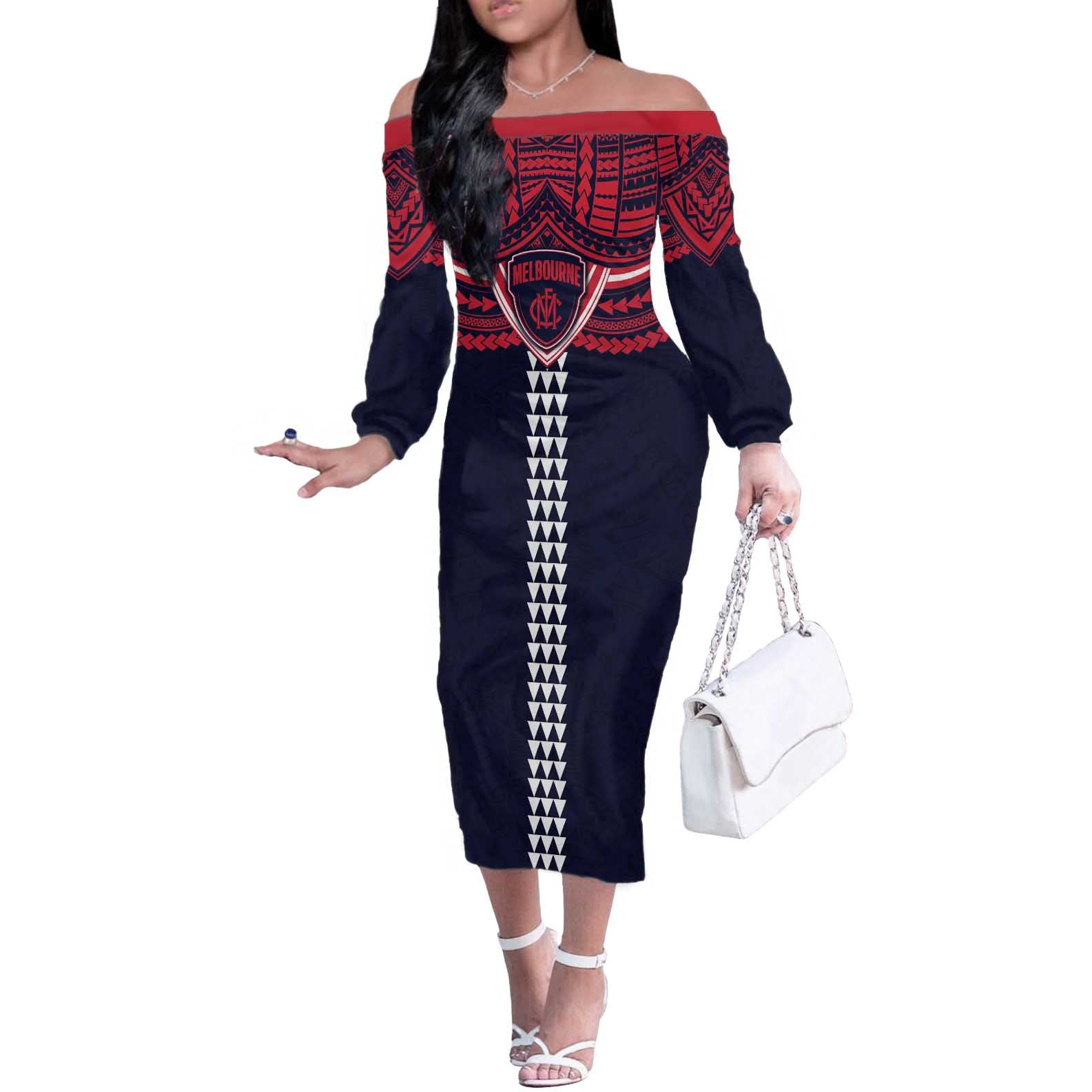 Personalized Melbourne Demons Off The Shoulder Long Sleeve Dress Polynesian Tribal Pattern Heritage Football