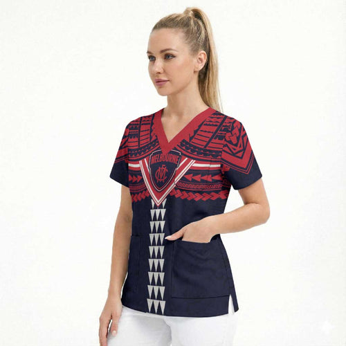 Personalized Melbourne Demons Scrub Top Polynesian Tribal Pattern Heritage Football