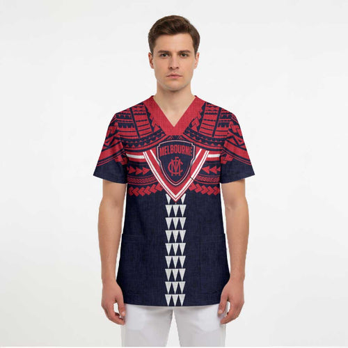 Personalized Melbourne Demons Scrub Top Polynesian Tribal Pattern Heritage Football