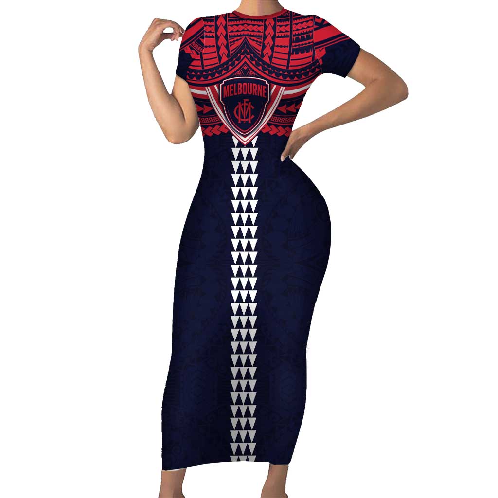 Personalized Melbourne Demons Short Sleeve Bodycon Dress Polynesian Tribal Pattern Heritage Football