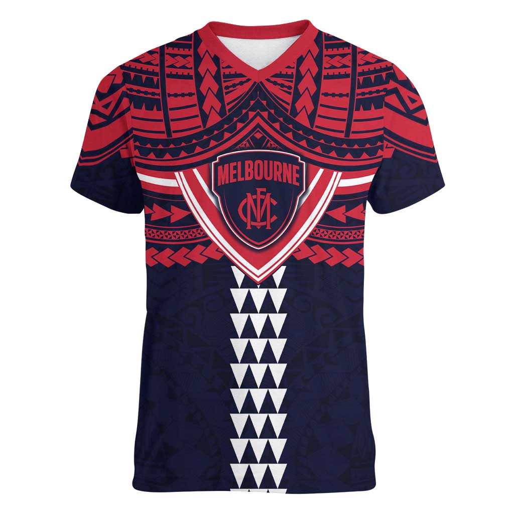 Personalized Melbourne Demons Women V-Neck T-Shirt Polynesian Tribal Pattern Heritage Football