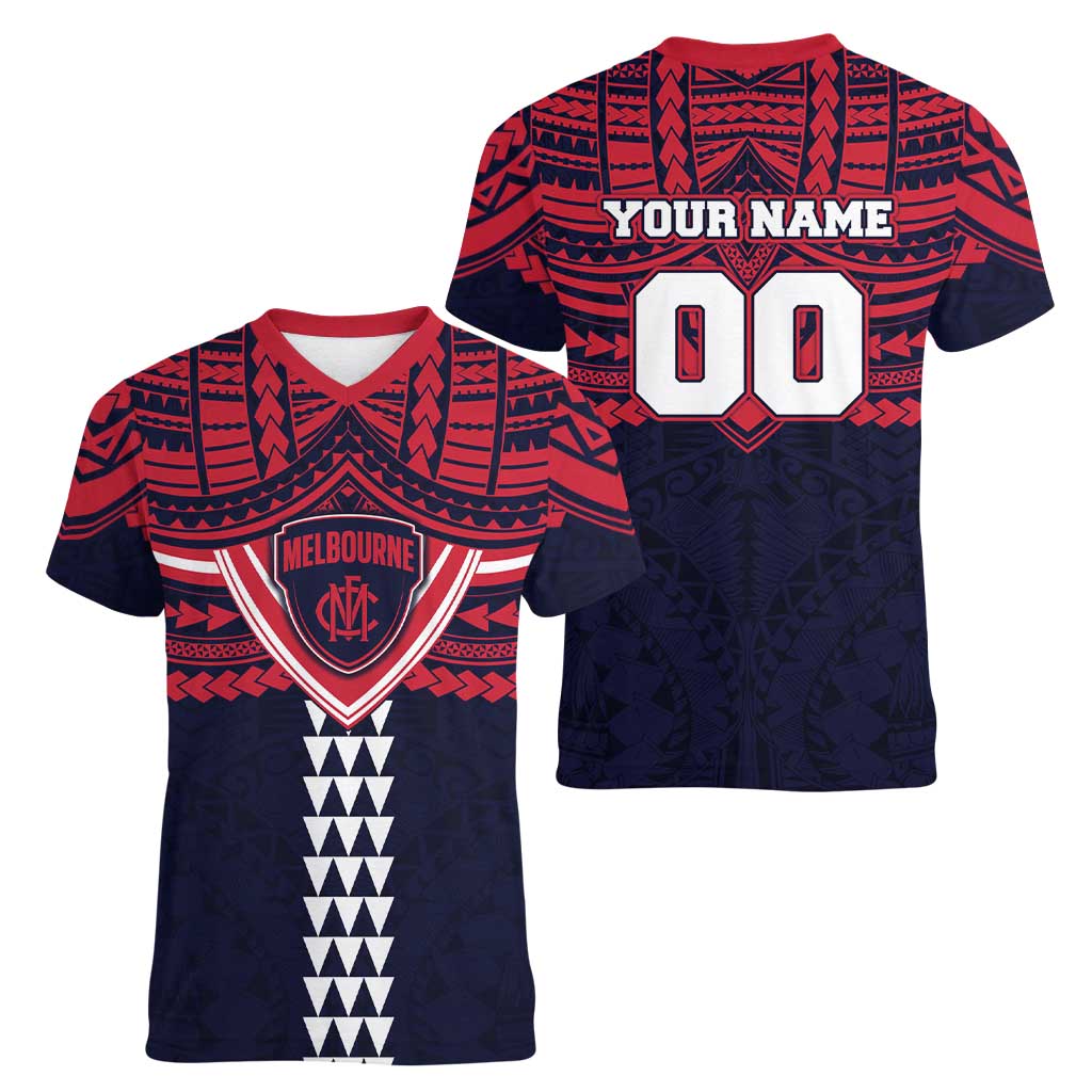 Personalized Melbourne Demons Women V-Neck T-Shirt Polynesian Tribal Pattern Heritage Football