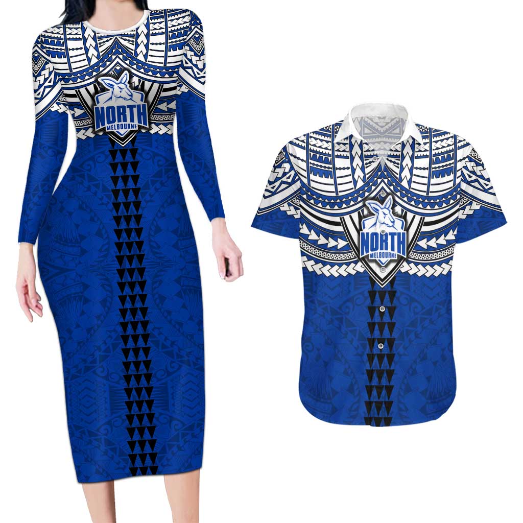Personalized North Melbourne Kangaroos Couples Matching Long Sleeve Bodycon Dress and Hawaiian Shirt Polynesian Tribal Pattern Heritage Football