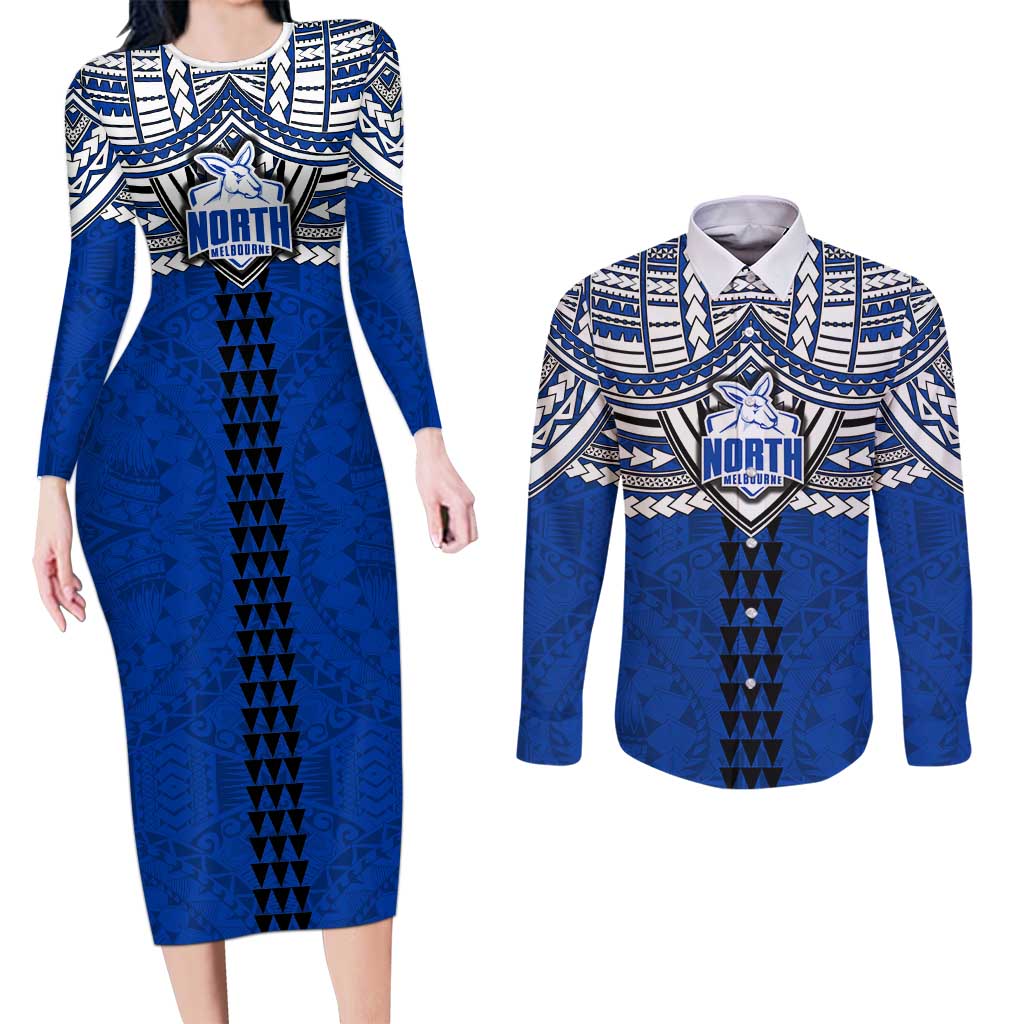 Personalized North Melbourne Kangaroos Couples Matching Long Sleeve Bodycon Dress and Long Sleeve Button Shirt Polynesian Tribal Pattern Heritage Football