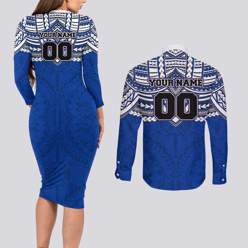 Personalized North Melbourne Kangaroos Couples Matching Long Sleeve Bodycon Dress and Long Sleeve Button Shirt Polynesian Tribal Pattern Heritage Football