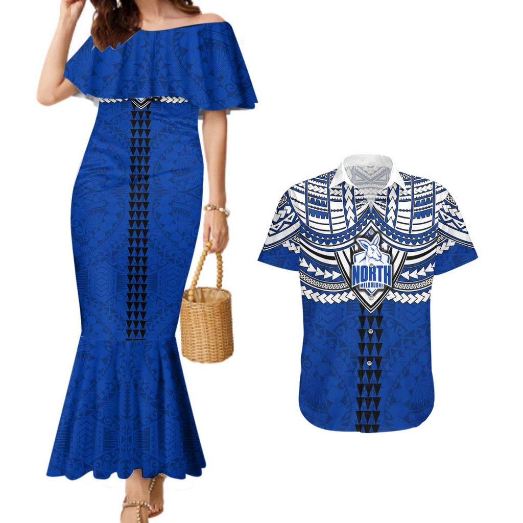 Personalized North Melbourne Kangaroos Couples Matching Mermaid Dress and Hawaiian Shirt Polynesian Tribal Pattern Heritage Football