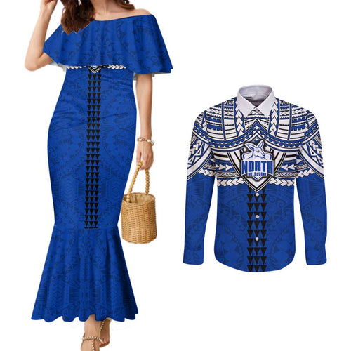 Personalized North Melbourne Kangaroos Couples Matching Mermaid Dress and Long Sleeve Button Shirt Polynesian Tribal Pattern Heritage Football