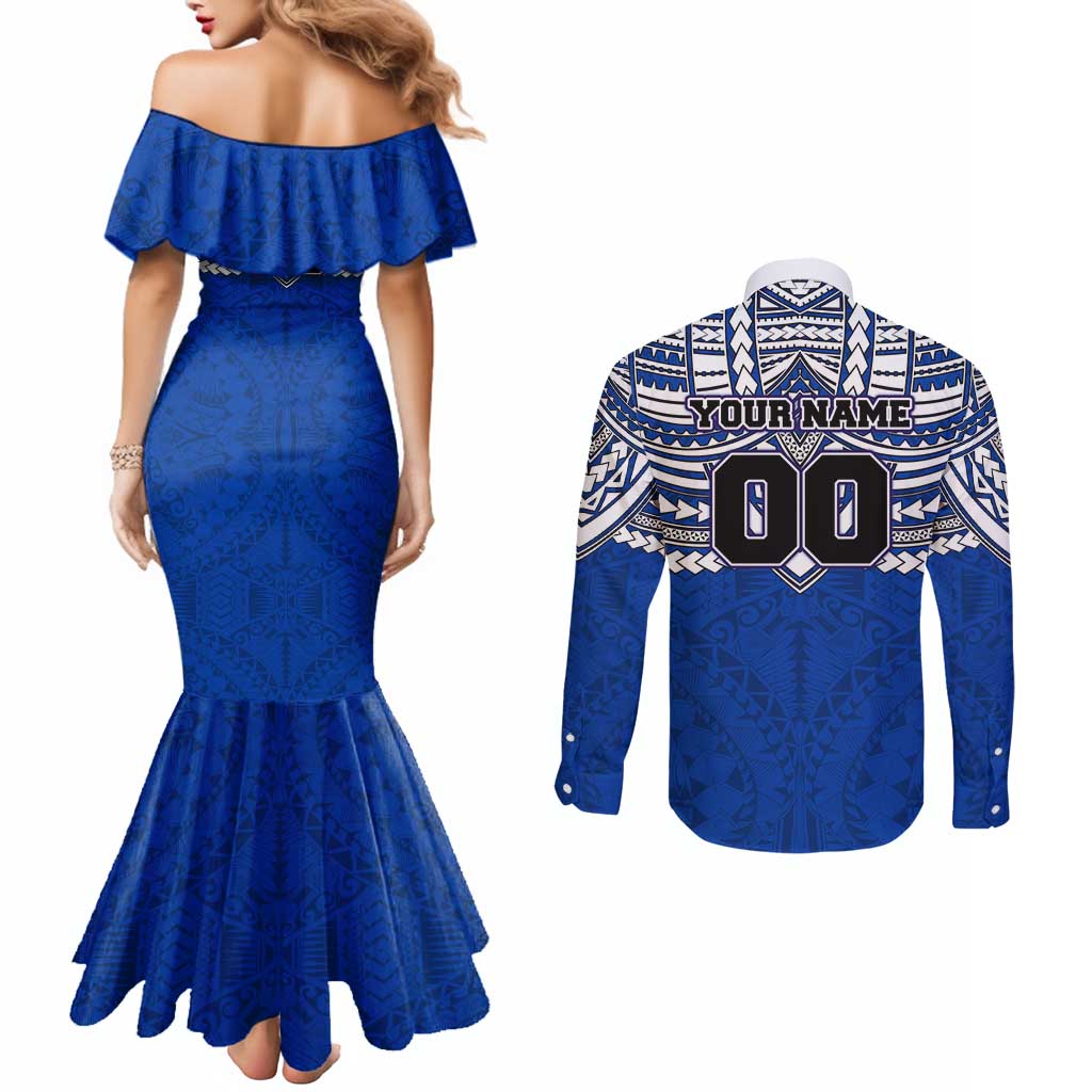 Personalized North Melbourne Kangaroos Couples Matching Mermaid Dress and Long Sleeve Button Shirt Polynesian Tribal Pattern Heritage Football