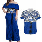 Personalized North Melbourne Kangaroos Couples Matching Off Shoulder Maxi Dress and Hawaiian Shirt Polynesian Tribal Pattern Heritage Football