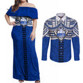 Personalized North Melbourne Kangaroos Couples Matching Off Shoulder Maxi Dress and Long Sleeve Button Shirt Polynesian Tribal Pattern Heritage Football