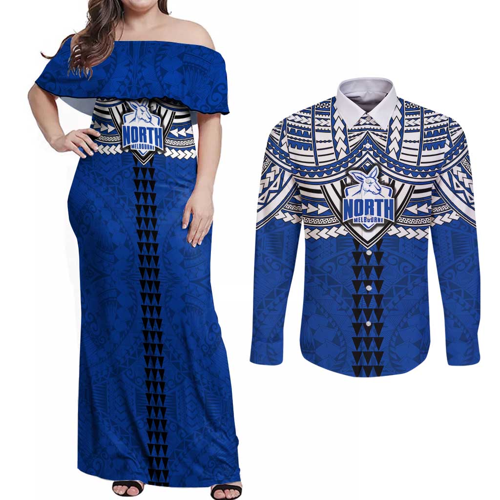 Personalized North Melbourne Kangaroos Couples Matching Off Shoulder Maxi Dress and Long Sleeve Button Shirt Polynesian Tribal Pattern Heritage Football