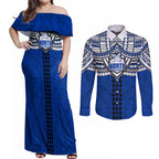 Personalized North Melbourne Kangaroos Couples Matching Off Shoulder Maxi Dress and Long Sleeve Button Shirt Polynesian Tribal Pattern Heritage Football