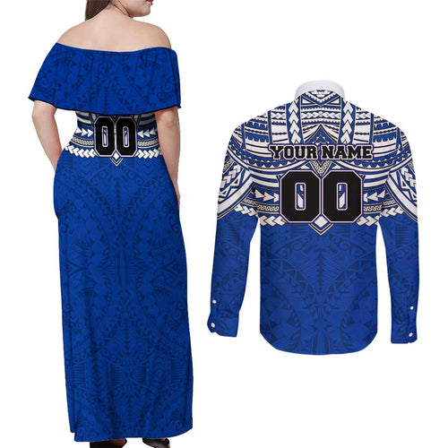 Personalized North Melbourne Kangaroos Couples Matching Off Shoulder Maxi Dress and Long Sleeve Button Shirt Polynesian Tribal Pattern Heritage Football