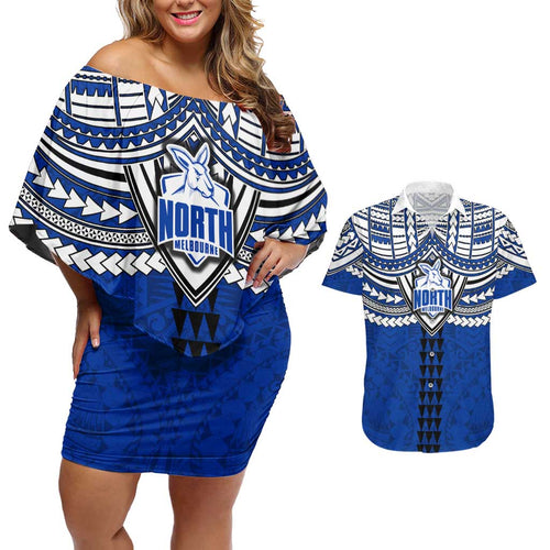 Personalized North Melbourne Kangaroos Couples Matching Off Shoulder Short Dress and Hawaiian Shirt Polynesian Tribal Pattern Heritage Football