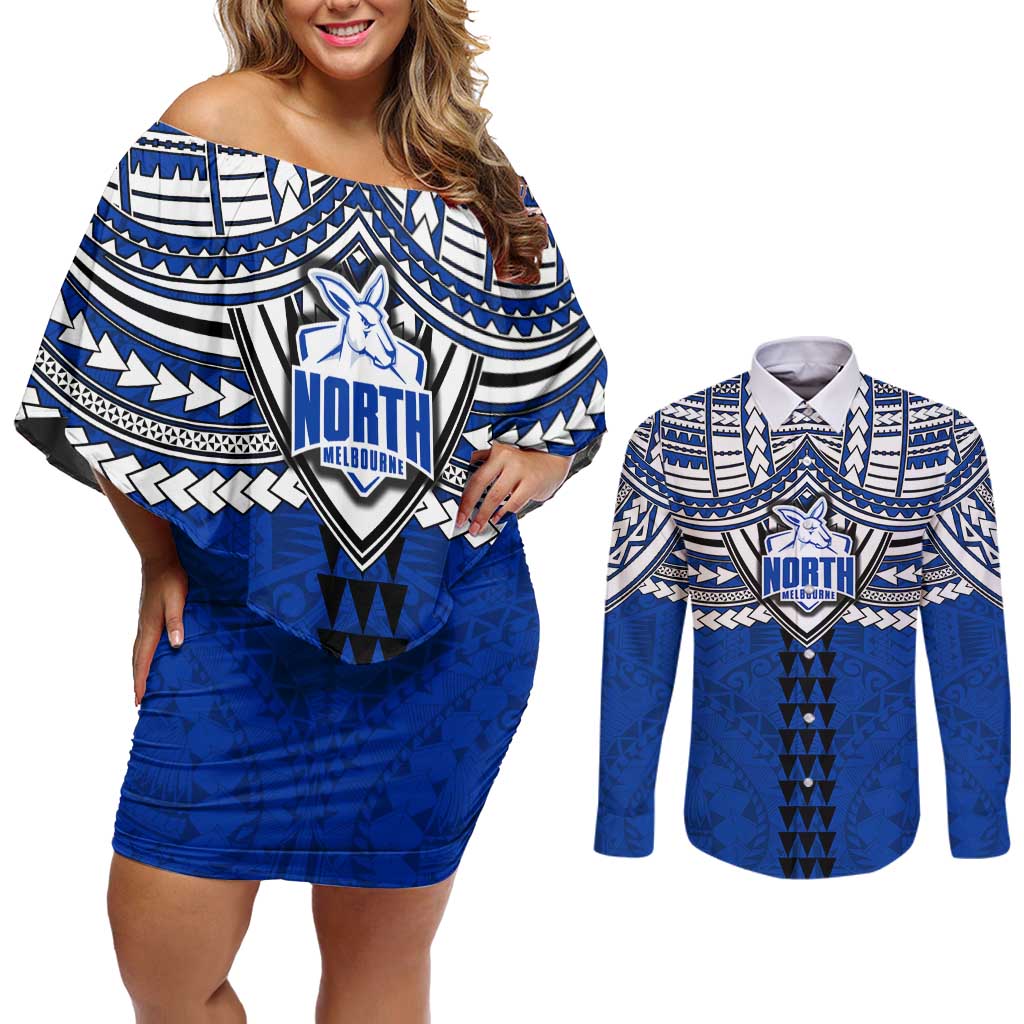 Personalized North Melbourne Kangaroos Couples Matching Off Shoulder Short Dress and Long Sleeve Button Shirt Polynesian Tribal Pattern Heritage Football