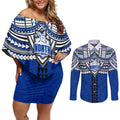 Personalized North Melbourne Kangaroos Couples Matching Off Shoulder Short Dress and Long Sleeve Button Shirt Polynesian Tribal Pattern Heritage Football