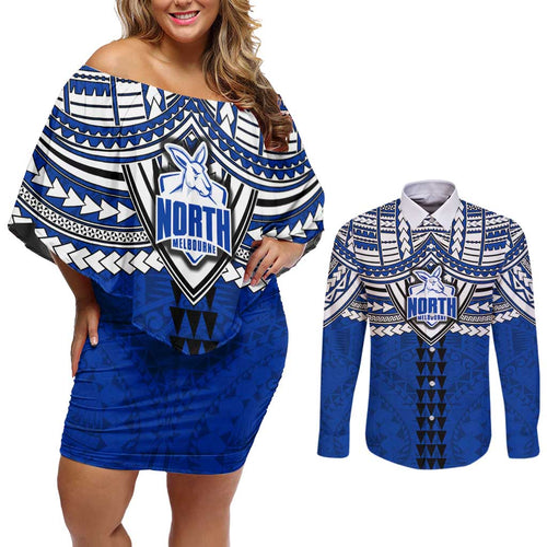 Personalized North Melbourne Kangaroos Couples Matching Off Shoulder Short Dress and Long Sleeve Button Shirt Polynesian Tribal Pattern Heritage Football