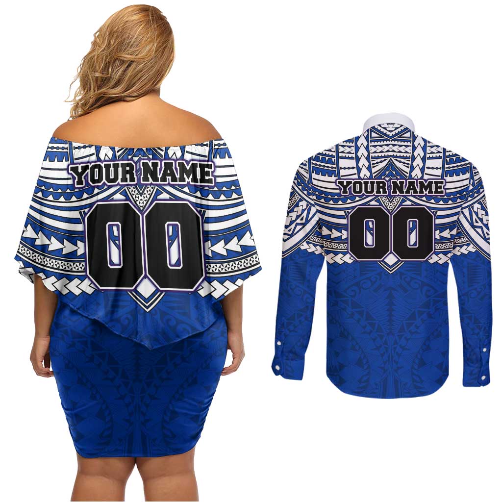 Personalized North Melbourne Kangaroos Couples Matching Off Shoulder Short Dress and Long Sleeve Button Shirt Polynesian Tribal Pattern Heritage Football