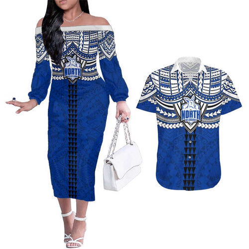 Personalized North Melbourne Kangaroos Couples Matching Off The Shoulder Long Sleeve Dress and Hawaiian Shirt Polynesian Tribal Pattern Heritage Football