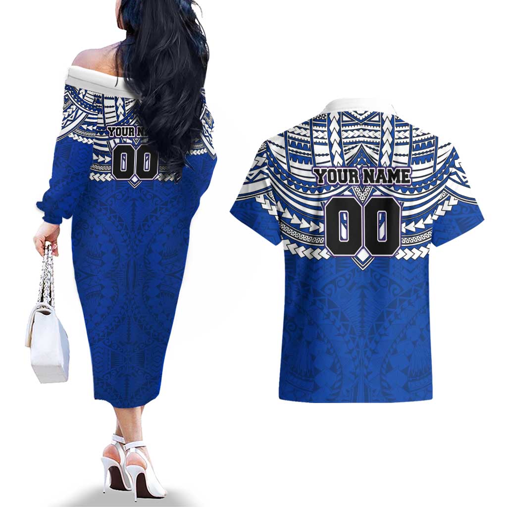 Personalized North Melbourne Kangaroos Couples Matching Off The Shoulder Long Sleeve Dress and Hawaiian Shirt Polynesian Tribal Pattern Heritage Football