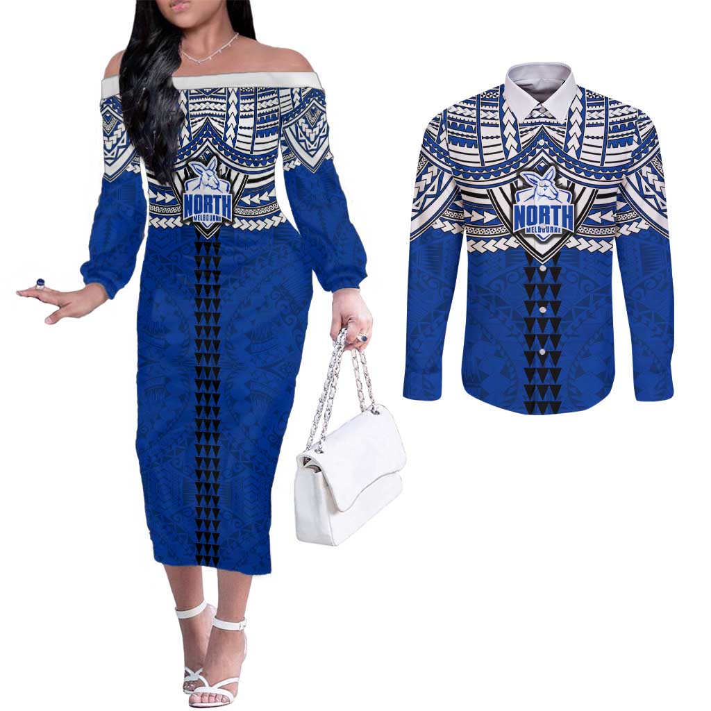 Personalized North Melbourne Kangaroos Couples Matching Off The Shoulder Long Sleeve Dress and Long Sleeve Button Shirt Polynesian Tribal Pattern Heritage Football