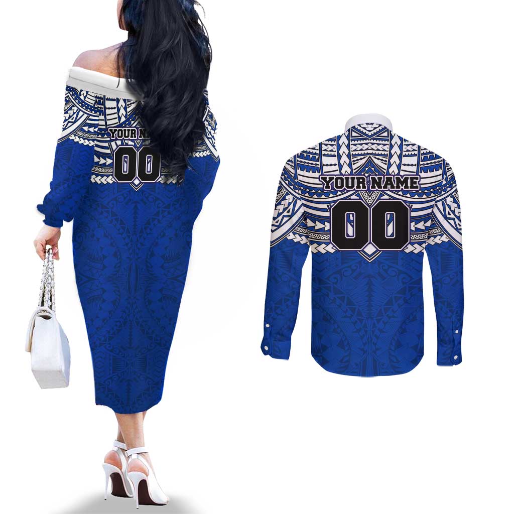 Personalized North Melbourne Kangaroos Couples Matching Off The Shoulder Long Sleeve Dress and Long Sleeve Button Shirt Polynesian Tribal Pattern Heritage Football