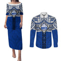 Personalized North Melbourne Kangaroos Couples Matching Puletasi and Long Sleeve Button Shirt Polynesian Tribal Pattern Heritage Football