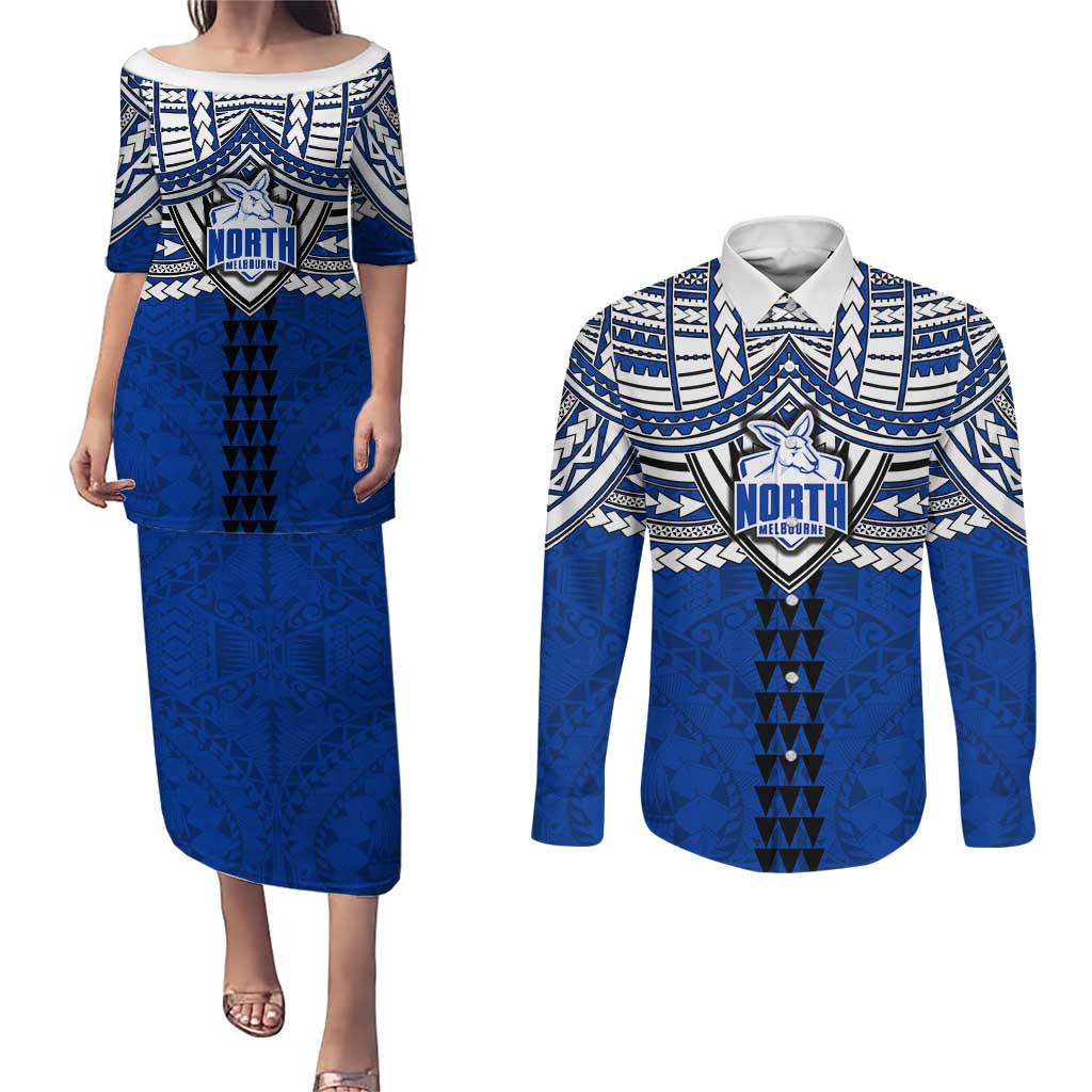 Personalized North Melbourne Kangaroos Couples Matching Puletasi and Long Sleeve Button Shirt Polynesian Tribal Pattern Heritage Football