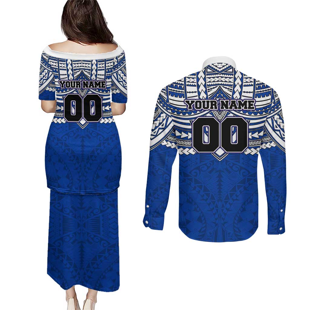 Personalized North Melbourne Kangaroos Couples Matching Puletasi and Long Sleeve Button Shirt Polynesian Tribal Pattern Heritage Football