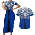 Personalized North Melbourne Kangaroos Couples Matching Short Sleeve Bodycon Dress and Hawaiian Shirt Polynesian Tribal Pattern Heritage Football