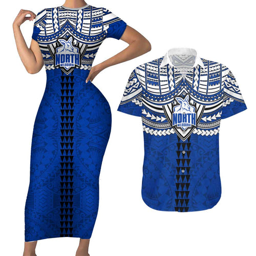 Personalized North Melbourne Kangaroos Couples Matching Short Sleeve Bodycon Dress and Hawaiian Shirt Polynesian Tribal Pattern Heritage Football