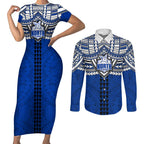 Personalized North Melbourne Kangaroos Couples Matching Short Sleeve Bodycon Dress and Long Sleeve Button Shirt Polynesian Tribal Pattern Heritage Football
