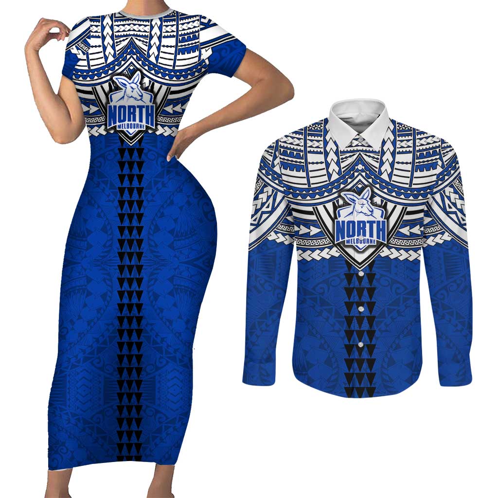 Personalized North Melbourne Kangaroos Couples Matching Short Sleeve Bodycon Dress and Long Sleeve Button Shirt Polynesian Tribal Pattern Heritage Football