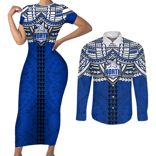 Personalized North Melbourne Kangaroos Couples Matching Short Sleeve Bodycon Dress and Long Sleeve Button Shirt Polynesian Tribal Pattern Heritage Football