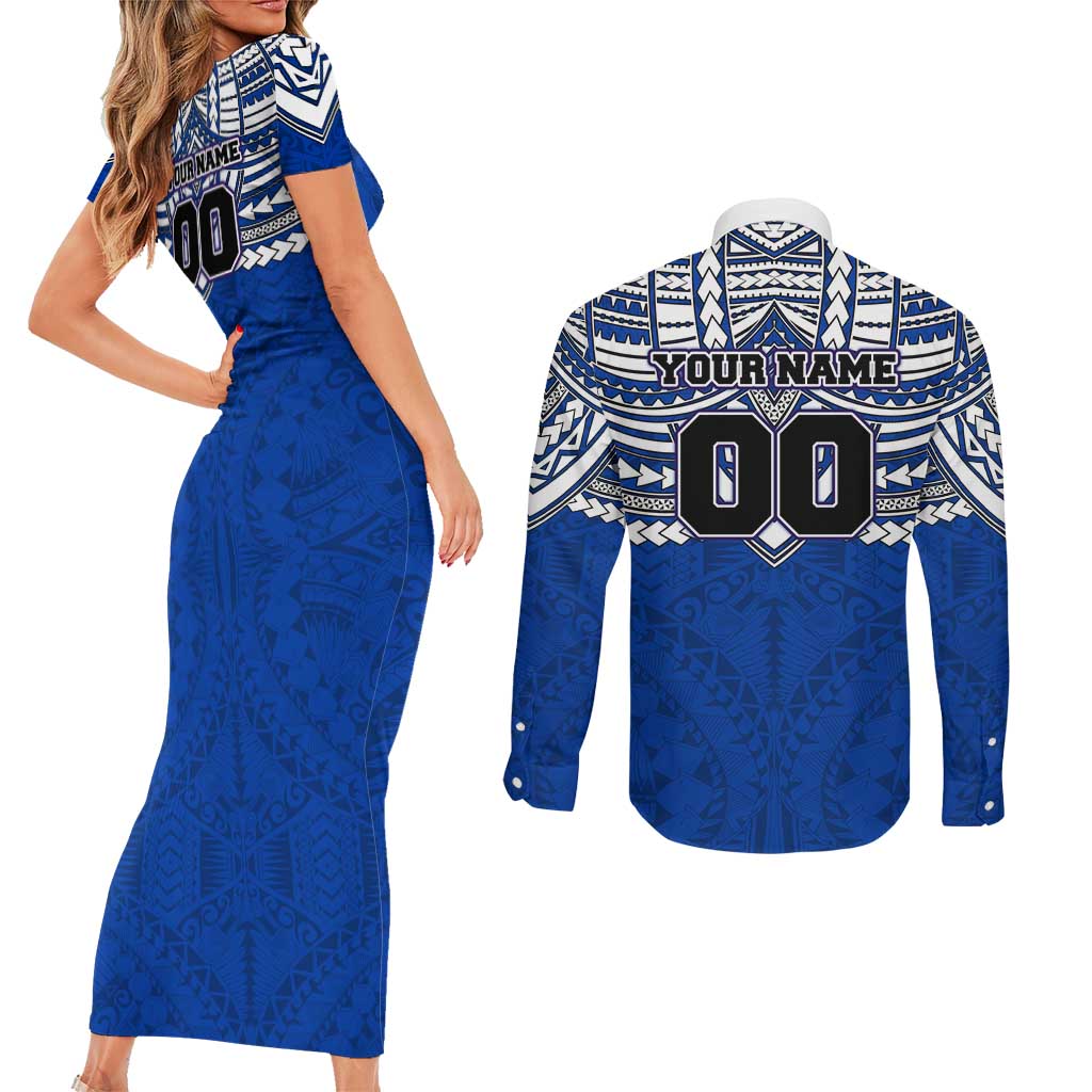 Personalized North Melbourne Kangaroos Couples Matching Short Sleeve Bodycon Dress and Long Sleeve Button Shirt Polynesian Tribal Pattern Heritage Football