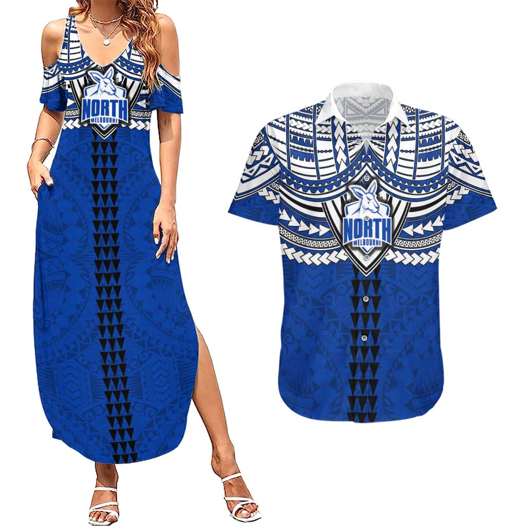 Personalized North Melbourne Kangaroos Couples Matching Summer Maxi Dress and Hawaiian Shirt Polynesian Tribal Pattern Heritage Football