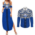 Personalized North Melbourne Kangaroos Couples Matching Summer Maxi Dress and Long Sleeve Button Shirt Polynesian Tribal Pattern Heritage Football
