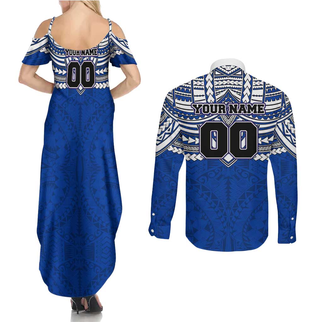 Personalized North Melbourne Kangaroos Couples Matching Summer Maxi Dress and Long Sleeve Button Shirt Polynesian Tribal Pattern Heritage Football