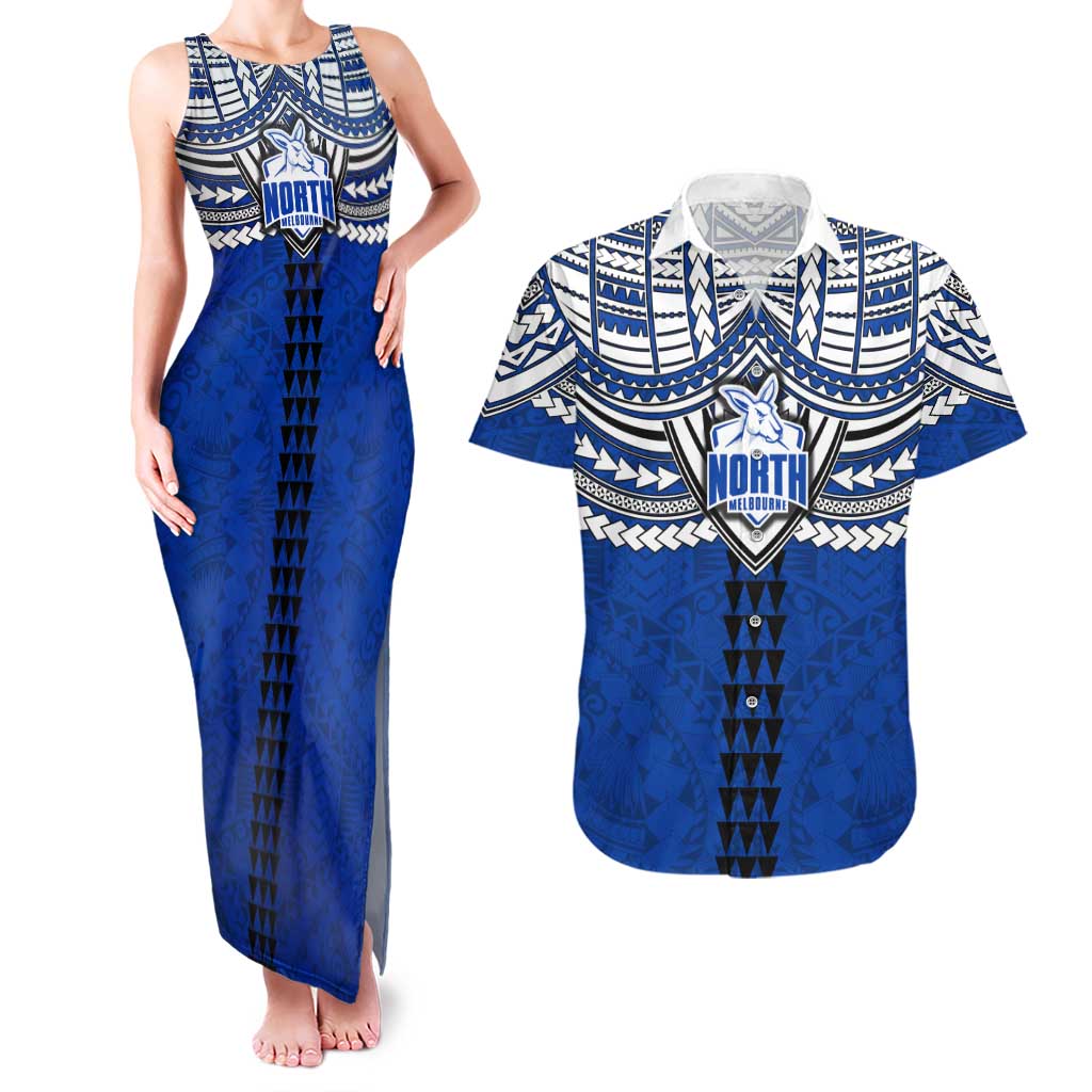 Personalized North Melbourne Kangaroos Couples Matching Tank Maxi Dress and Hawaiian Shirt Polynesian Tribal Pattern Heritage Football