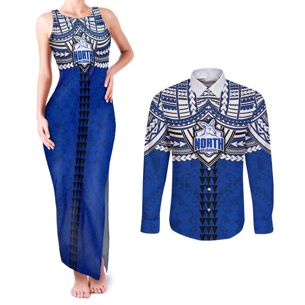 Personalized North Melbourne Kangaroos Couples Matching Tank Maxi Dress and Long Sleeve Button Shirt Polynesian Tribal Pattern Heritage Football